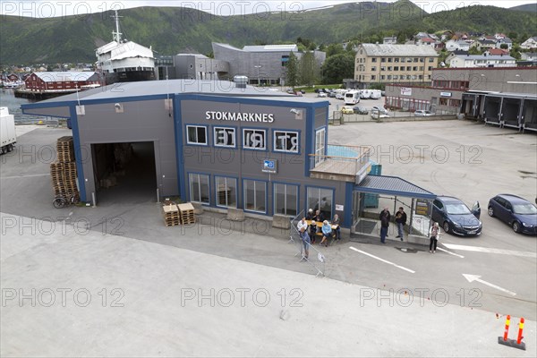 Port buildings at Stokmarknes, Hadsel municipality, Hadseloya island, Nordland, Vesteralen region,