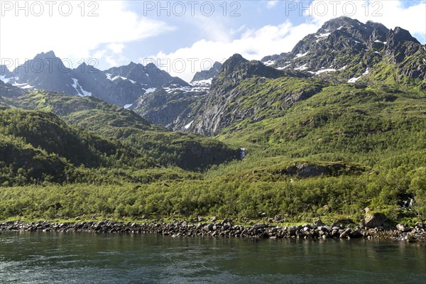 Jagged mountain peaks Raftsundet strait, Lofoten Islands, Nordland, northern Norway