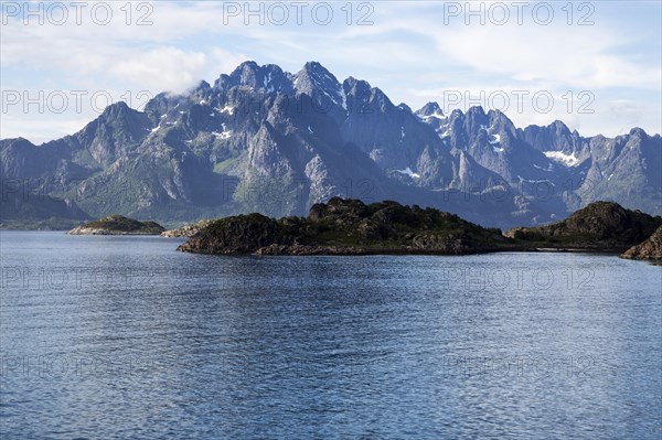 Jagged mountain peaks Raftsundet strait, Lofoten Islands, Nordland, northern Norway