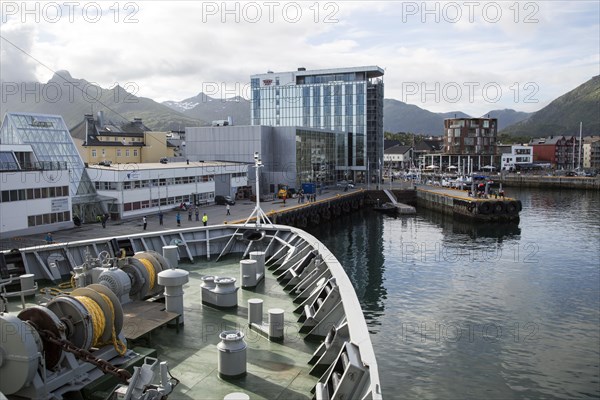 Hurtigruten ferry ship arriving at Svolvaer, Lofoten Islands, Nordland, Norway, Europe