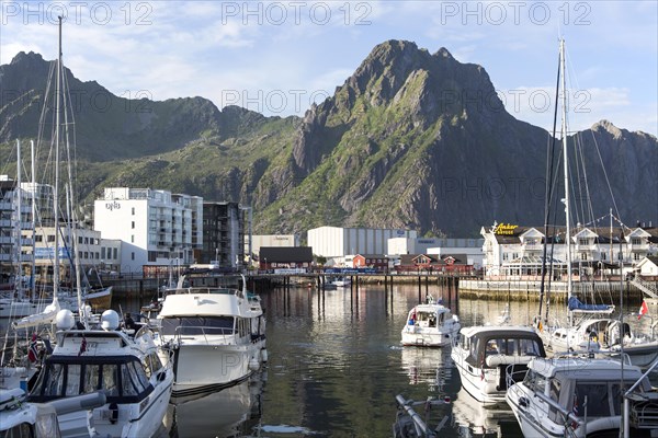 Boats in harbour at Svolvaer, Lofoten Islands, Nordland, Norway, Europe