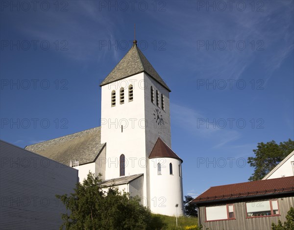 White concrete church at Svolvaer, Lofoten Islands, Nordland, Norway built in 1934