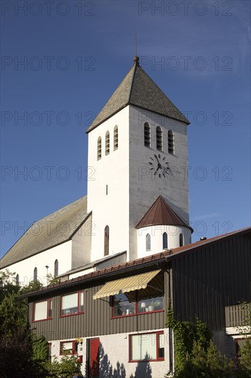 White concrete church at Svolvaer, Lofoten Islands, Nordland, Norway built in 1934