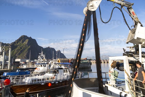Fishing boats in the harbour at Svolvaer, Lofoten Islands, Nordland, Norway, Europe