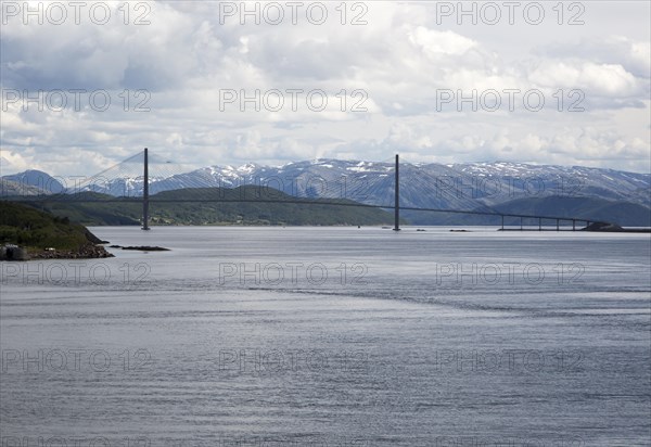 Large concrete cantilever road bridge crossing fiord at Helgeland Bridge, Sandnessjoen, Nordland,