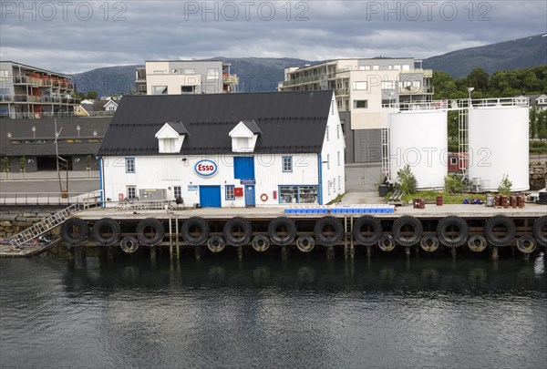 Esso gas petrol station for boats waterside building, Bronnoy, Bronnoysund, Nordland, Norway,