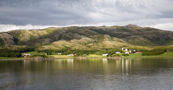 Rural coastal farming landscape near Rorvik, Norway, Europe