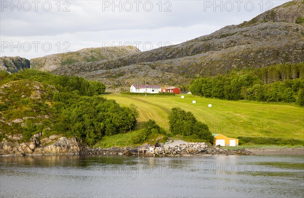 Rural coastal farming landscape near Rorvik, Norway, Europe