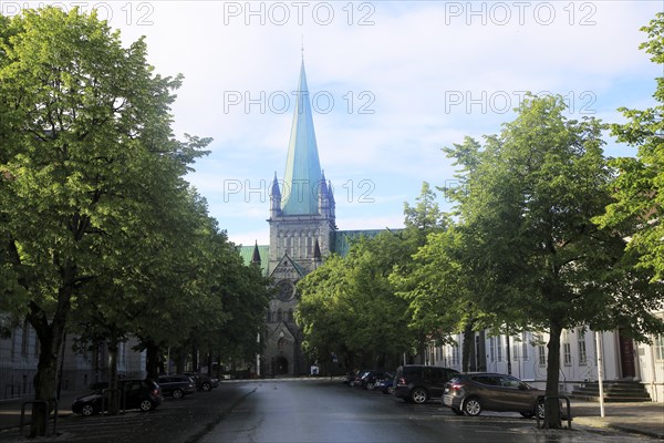 Early morning sunshine on historic cathedral spire, Nidaros Domkirke, Trondheim, Norway, Europe
