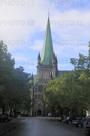 Early morning sunshine on historic cathedral spire, Nidaros Domkirke, Trondheim, Norway, Europe