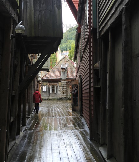 Historic Hanseatic League wooden buildings Bryggen area, Bergen, Norway UNESCO World Cultural