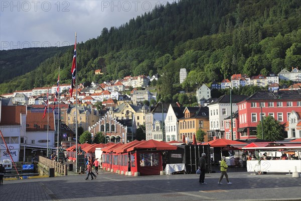 Historic buildings in the Torget fish market square area of Vagen harbour, Bergen, Norway, Europe