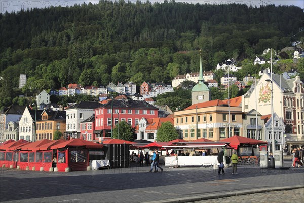 Historic buildings in the Torget fish market square area of Vagen harbour, Bergen, Norway, Europe