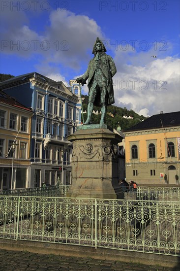 Ludvig Holberg statue in Vågsallmenningen, Bergen, Norway, Europe