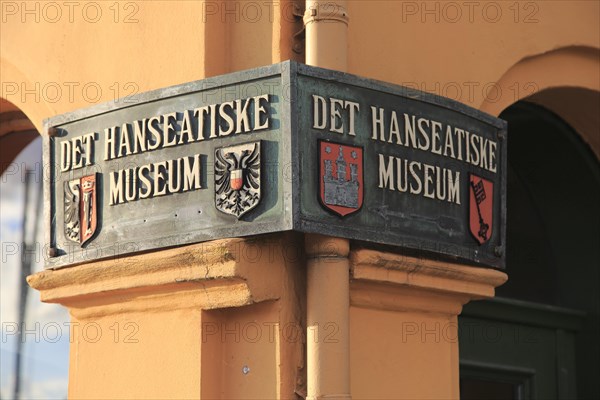 Close up of sign for the Hanseatic museum Bryggen area, city of Bergen, Norway UNESCO World
