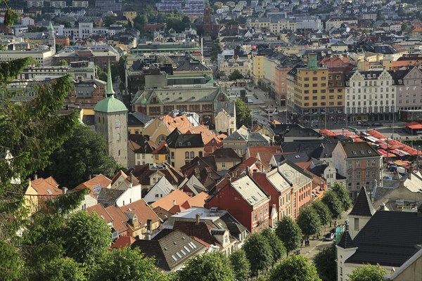 View over rooftops of city centre buildings in Bergen, Norway, Europe