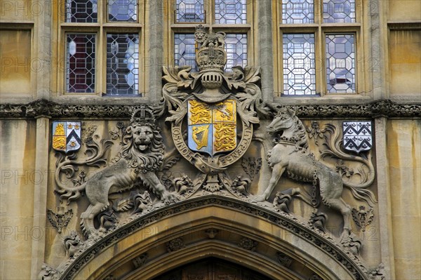Heraldic emblems over entrance to Brasenose College building frontage University of Oxford,
