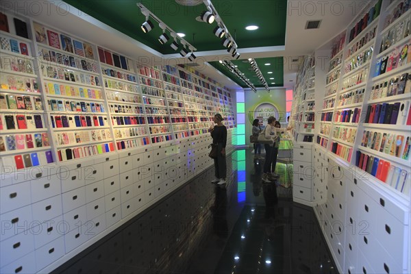 Interior of shop selling mobile phone cases, Valencia, Spain, Europe