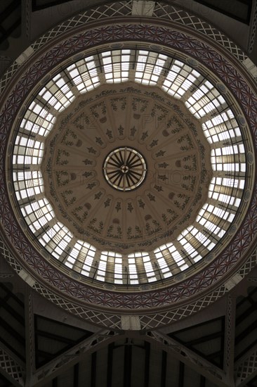 Inside central market building, city of Valencia, Spain glass domed roof