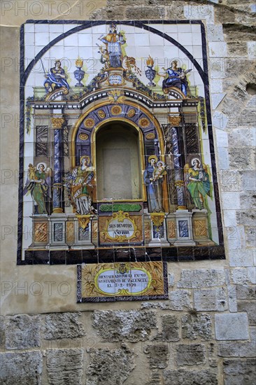Historic religious ceramic tiles church wall, Iglesia de Santa Catalina Mártir, city of Valencia,