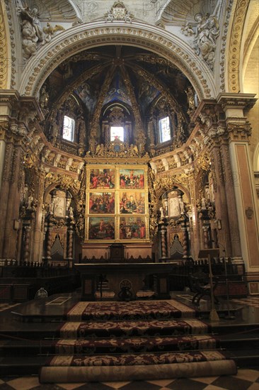 Ornately decorated altar inside cathedral church building building, city of Valencia, Spain, Europe
