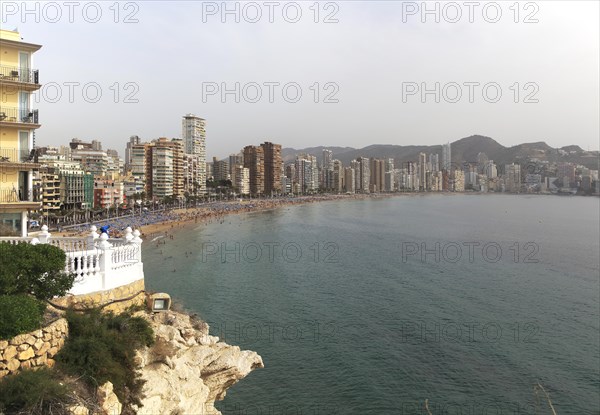 High rise apartment buildings and hotels seafront, Playa Levante sandy beach, Benidorm, Alicante