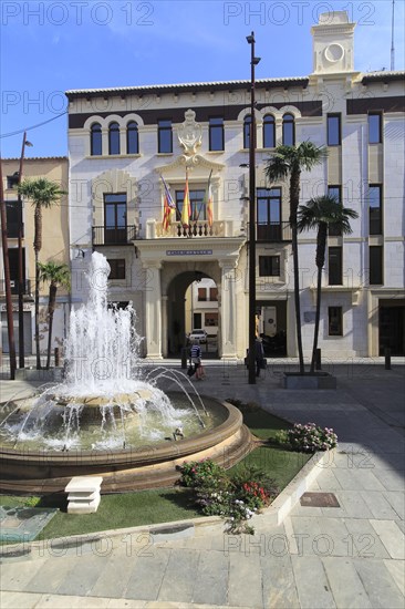 Fountain in plaza, Ayuntamiento town hall, Pego, Marina Alta, Alicante province, Spain, Europe
