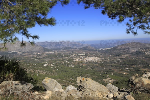 Raised view over Parcent village and Pop Valley, La Marina Alta, Alicante province, Spain, Europe