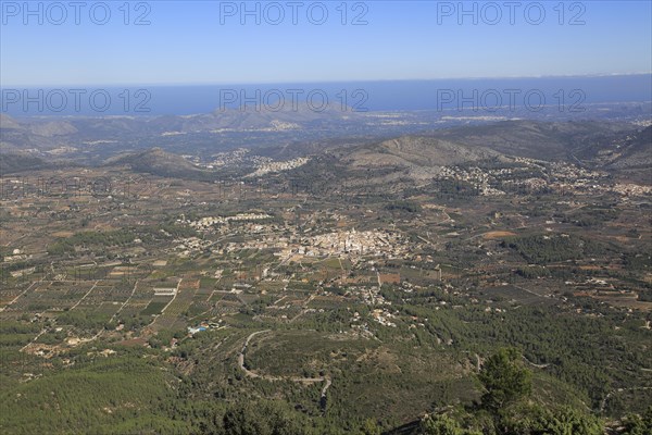 Raised view over Parcent village and Pop Valley, La Marina Alta, Alicante province, Spain, Europe