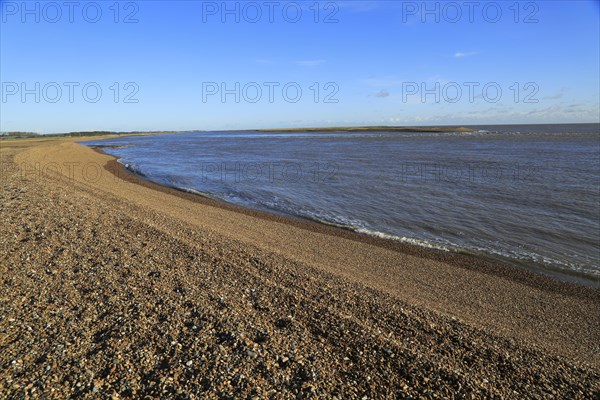 North Weir Point the southern tip of Orford Ness spit, River Ore, Shingle Street, Suffolk, England,