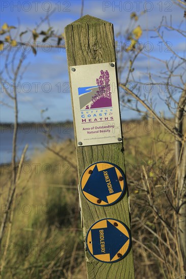 Footpath bridleway sign post Suffolk Coast and Heaths AONB, Suffolk, England, UK