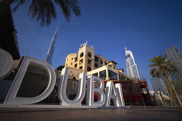 Hotel The Address Downtown, DUBAI lettering, Dubai Trolley by EMAAR, Burj Khalifa, skyscrapers,