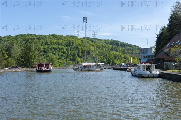 Boats in front of the boat lift on the Rhine-Marne Canal, Saint-Louis, Arzviller, Lorraine, France,