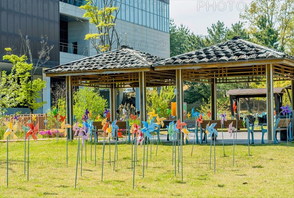 Pinwheels and covered benches at DMZ park on sunny afternoon in Goseong, South Korea, Asia