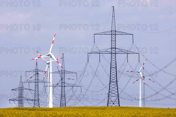 Wind farm with windmills and power lines, Nauen, 20/05/2022