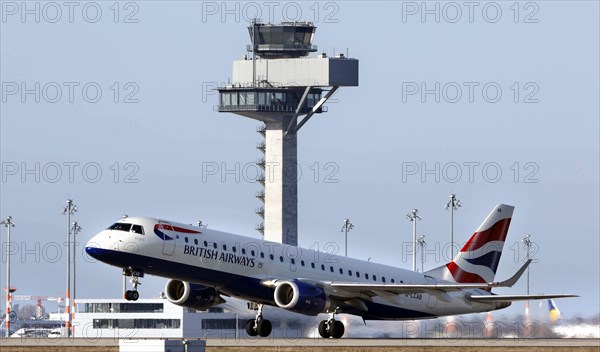 An Embraer190 aircraft from British Airways takes off at BER Airport, Schönefeld, 28 March 2022