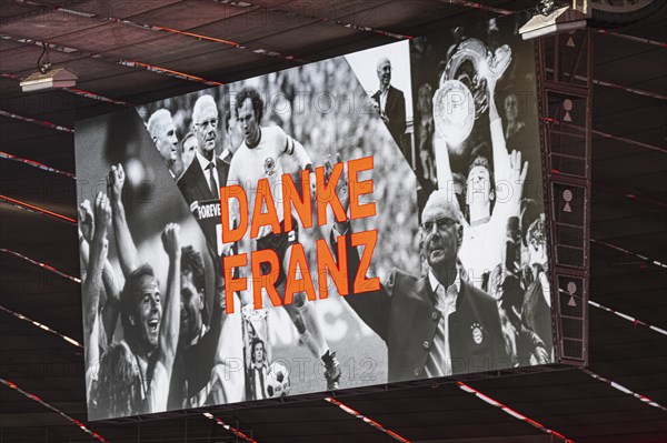 Pictures of Franz Beckenbauer with the inscription Danke Franz on the scoreboard, FC Bayern Munich