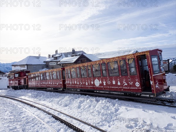 Schafberg cog railway decorated for Christmas on the Schafbergalm, St.Wolfgang, Salzkammergut,