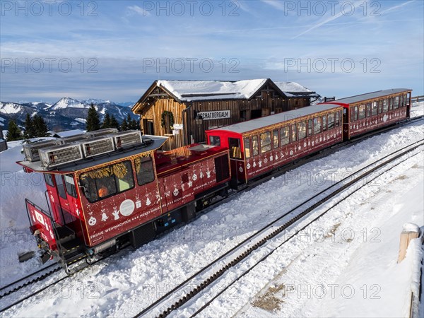 Schafberg cog railway decorated for Christmas on the Schafbergalm, St.Wolfgang, Salzkammergut,