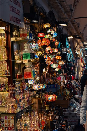 Mosaic lamps and oil lamps, Grand Bazaar, Istanbul, Turkey, Asia