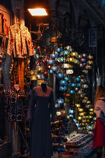 Mosaic lamps, Turkish clothing, Grand Bazaar, Istanbul, Turkey, Asia