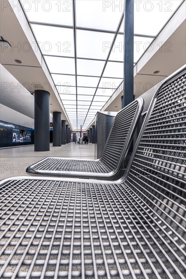 Design-orientated indoor area with symmetrical arrangement of benches and columns, Brandenburg