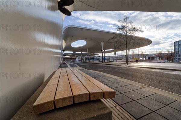View under a modern bus station roof with wooden slats, Pforzheim, Germany, Europe