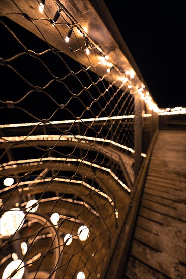 A railing covered with a net of lights against a nocturnal background, Enchanting forest dwellers,