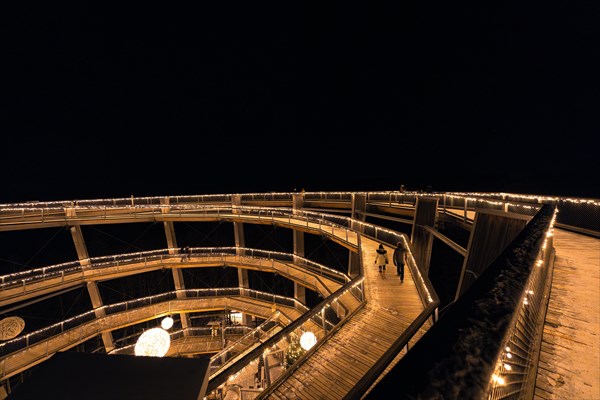 Night shot of an illuminated wooden bridge with people, enchanting forest dwellers, treetop walk