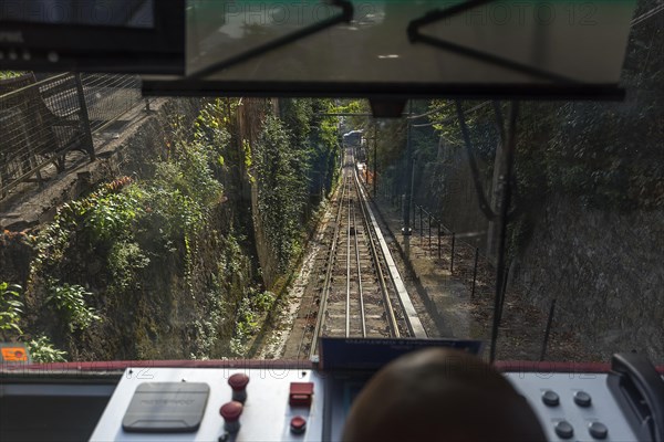 View of the funicular railway funicolare Zecca Righi on the descent to the city centre, Genoa,