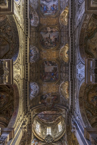 Interior with vault and dome of the baroque Basilica di San Siro, the oldest church in the city,