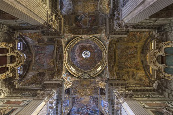 Interior with vault and dome of the baroque Basilica di San Siro, the oldest church in the city,