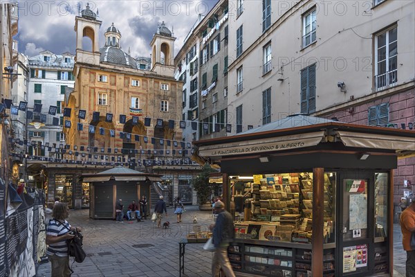 Square with the church of San Pietro ion Banchi, consecrated in 1585, Piazza Banchi Genoa, Italy,