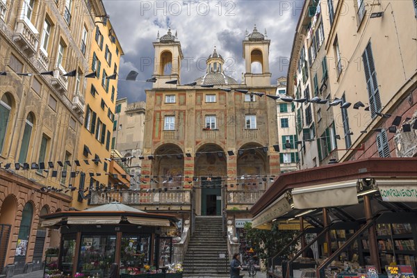 Square with the church of San Pietro ion Banchi, consecrated in 1585, Piazza Banchi Genoa, Italy,